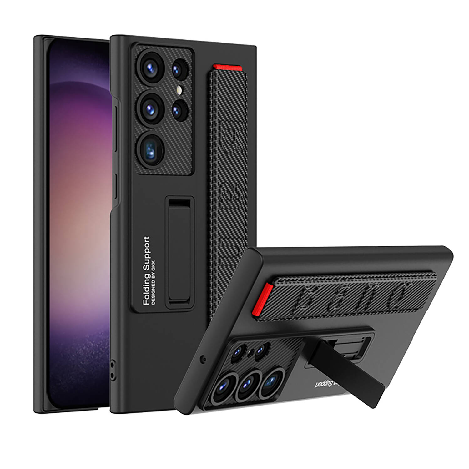 Galaxy Uyumlu S24 Ultra Kılıf Standlı El Tutacaklı Zore Band Kapak-Siyah karbon