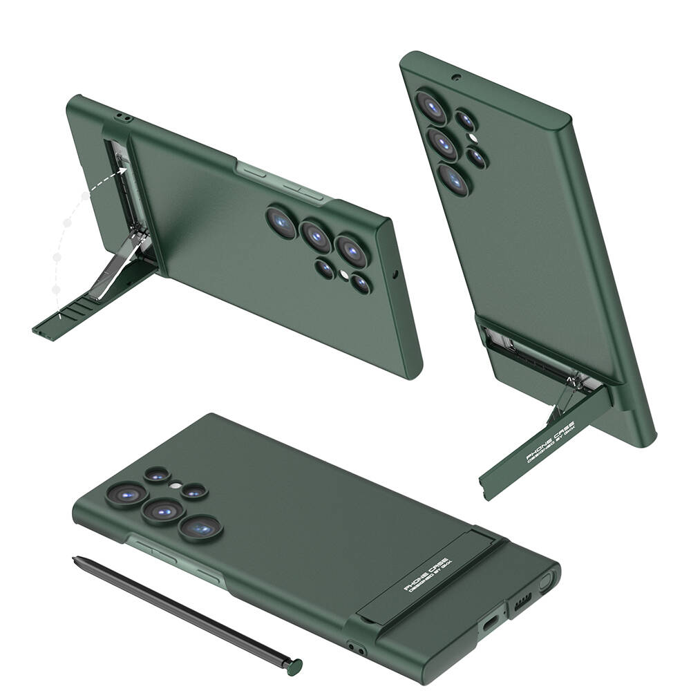 Galaxy Uyumlu S24 Ultra Kılıf Zore Kamera Korumalı Dikey Standlı Ays Kapak-Koyu yeşil