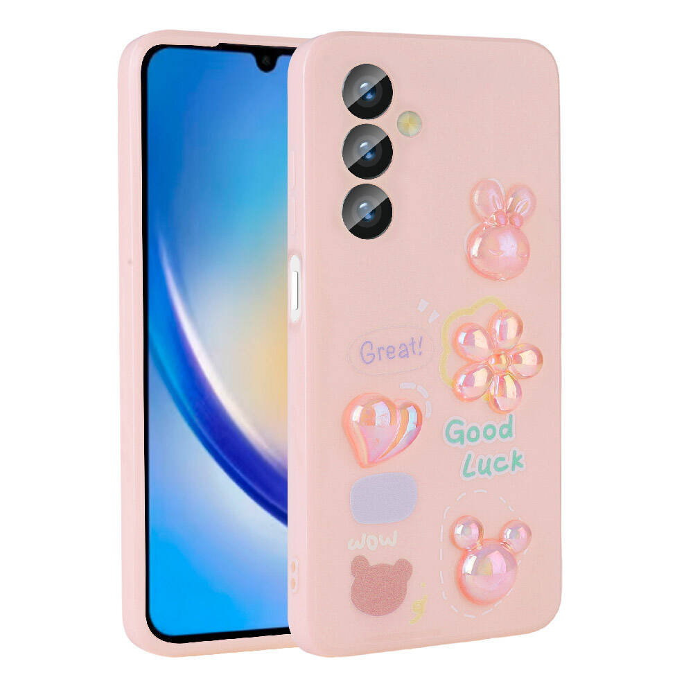 Galaxy Uyumlu A14 5G Kılıf Kabartma Figürlü Parlak Zore Toys Silikon Kapak-Pembe