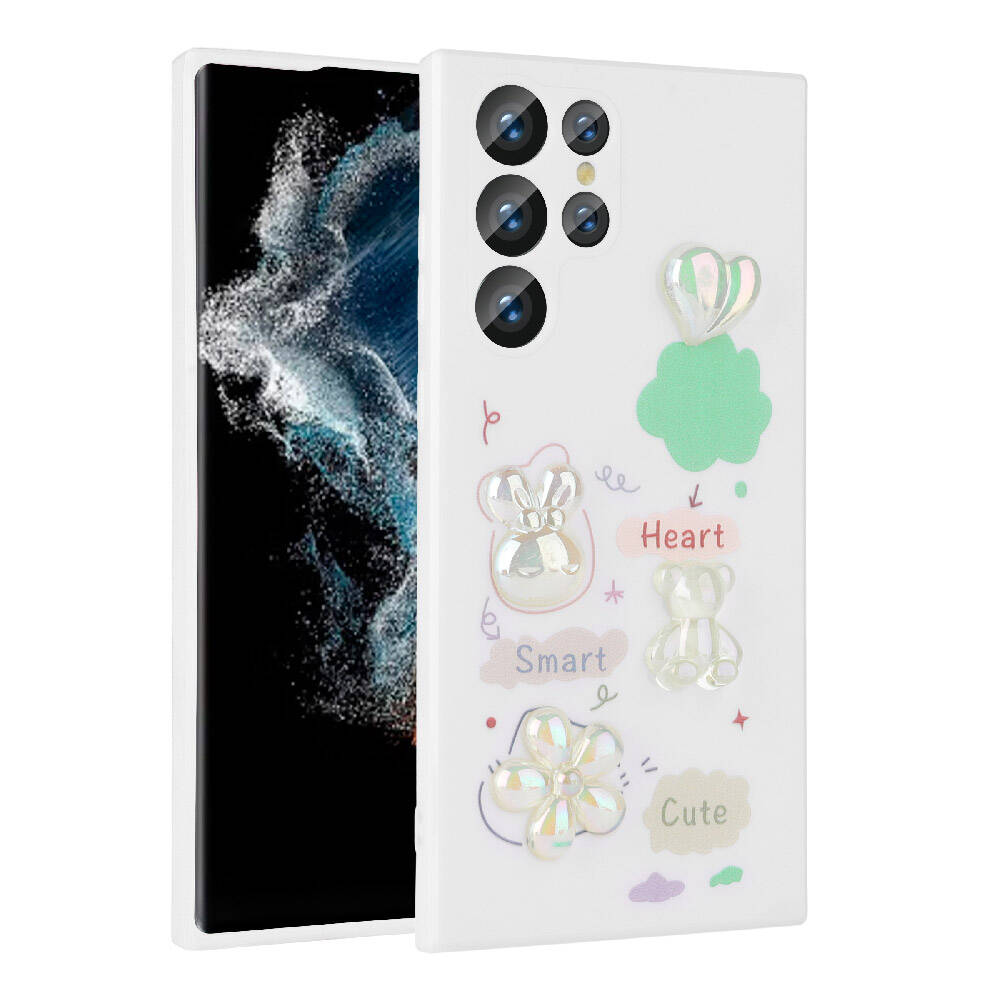 Galaxy Uyumlu S22 Ultra Kılıf Kabartma Figürlü Parlak Zore Toys Silikon Kapak-Beyaz