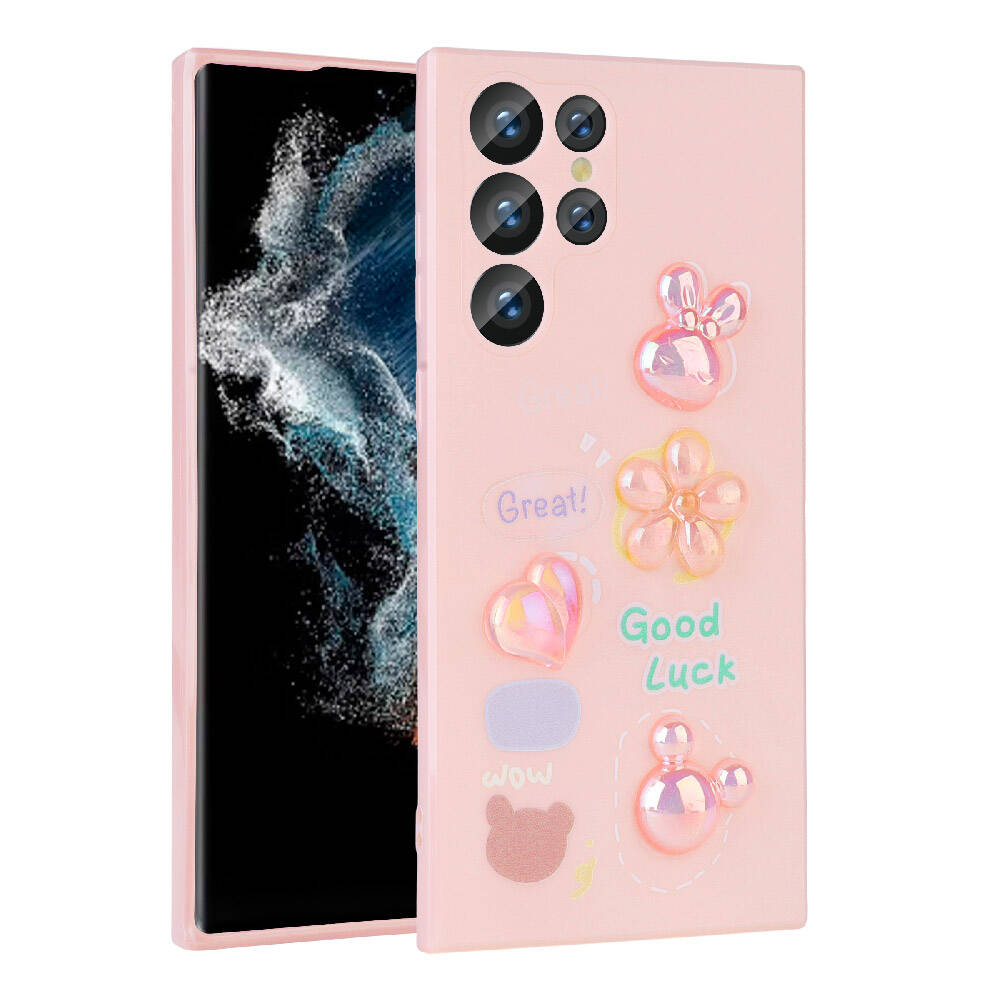 Galaxy Uyumlu S22 Ultra Kılıf Kabartma Figürlü Parlak Zore Toys Silikon Kapak-Pembe