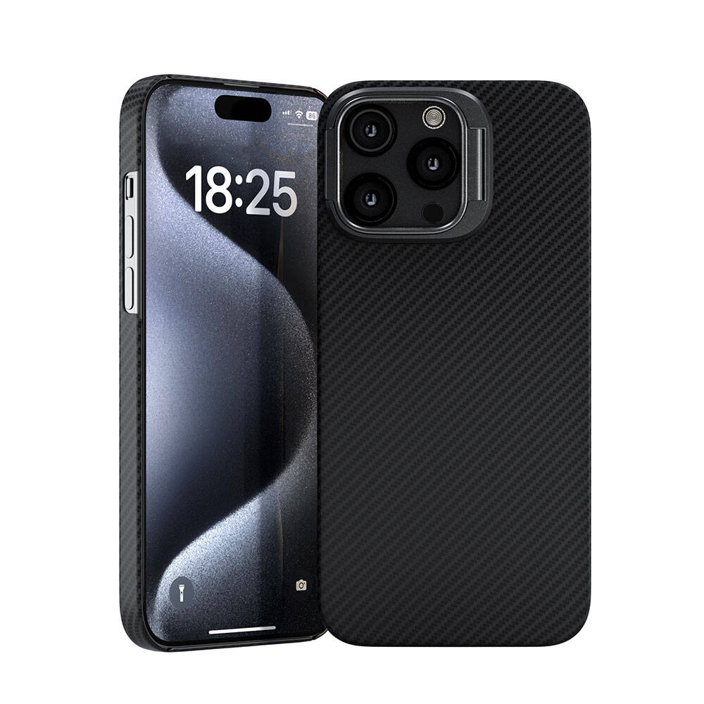 iPhone Uyumlu 15 Pro Max Kılıf M-safe Şarj Özellikli 600D Zore Krek Karbon Standlı Kapak