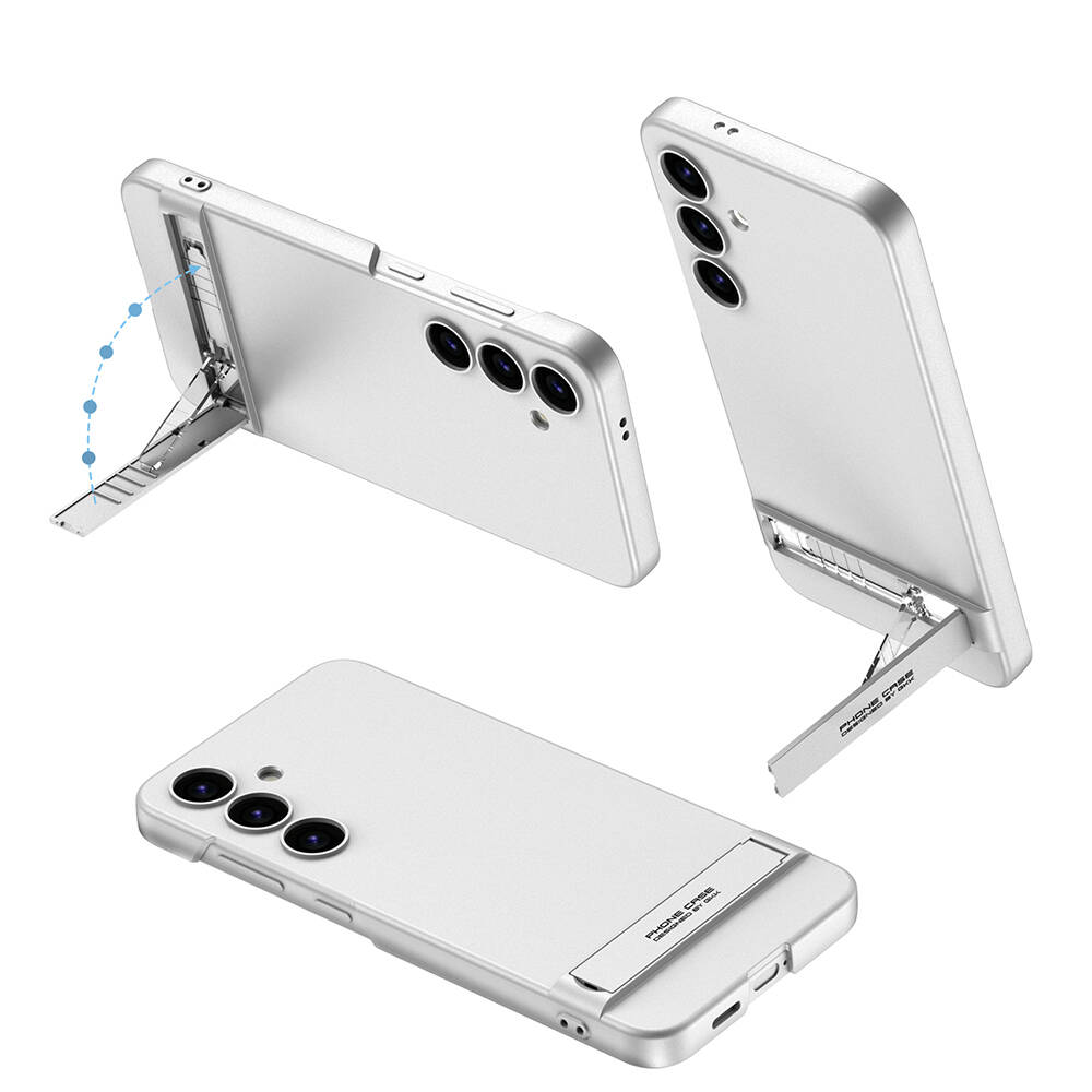 Galaxy Uyumlu S24 Kılıf Zore Kamera Korumalı Dikey Standlı Ays Kapak-Gümüş