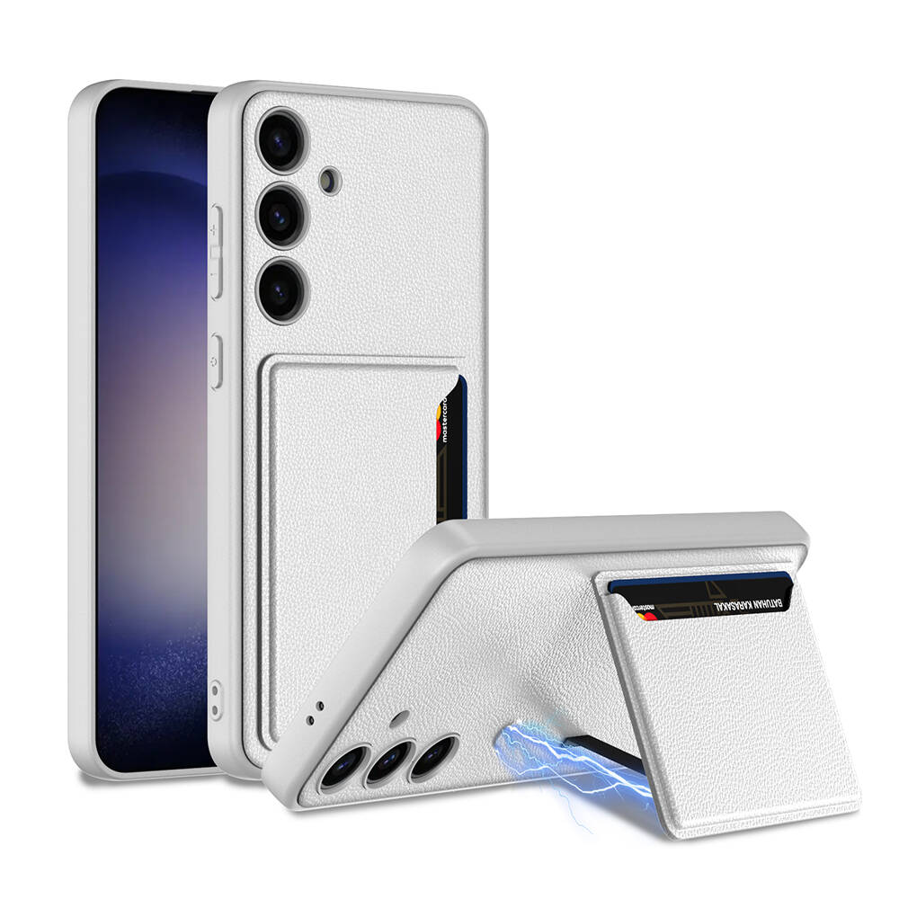 Galaxy Uyumlu S24 Plus Suni Deri Arka Yüzey Zore Kartlıklı Kıpta Silikon Kapak-Gümüş