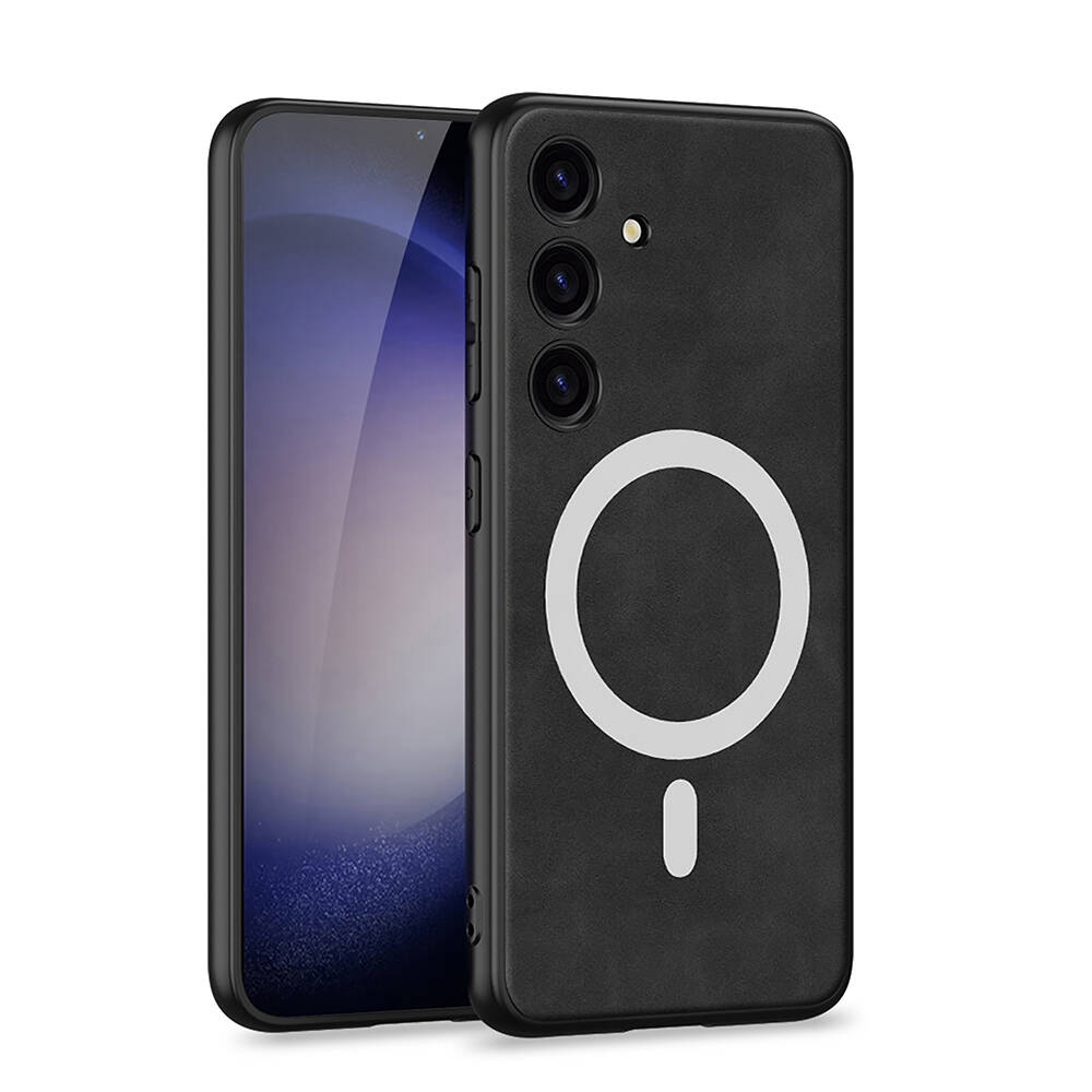 Galaxy Uyumlu S24 Plus Kılıf M-safe Şarj Özellikli Deri Tasarımlı Zore Kıpta Nubuk Kapak-Siyah