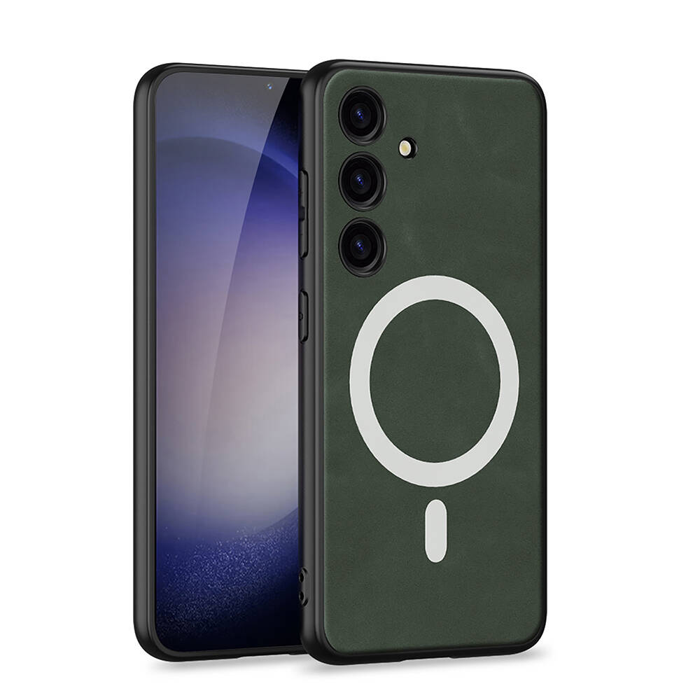 Galaxy Uyumlu S24 Plus Kılıf M-safe Şarj Özellikli Deri Tasarımlı Zore Kıpta Nubuk Kapak-Yeşil