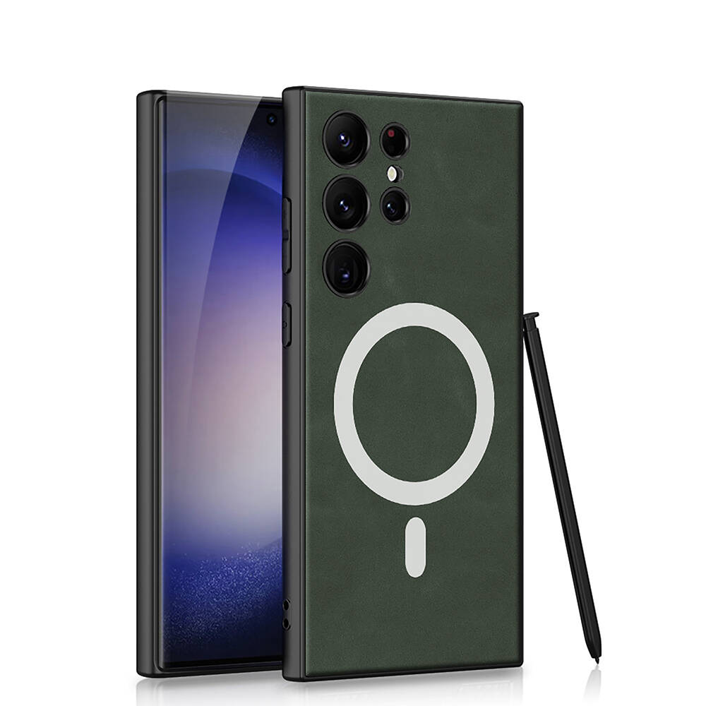 Galaxy Uyumlu S24 Ultra Kılıf M-safe Şarj Özellikli Deri Tasarımlı Zore Kıpta Nubuk Kapak-Yeşil
