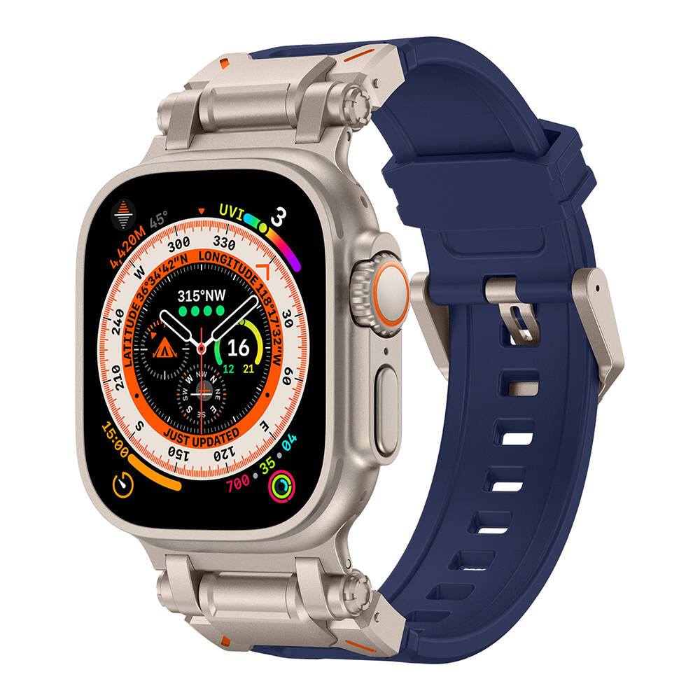Watch Ultra 49mm Zore KRD-101 Titanyum Metal Başlıklı Silikon Kordon-Mavi-titanyum
