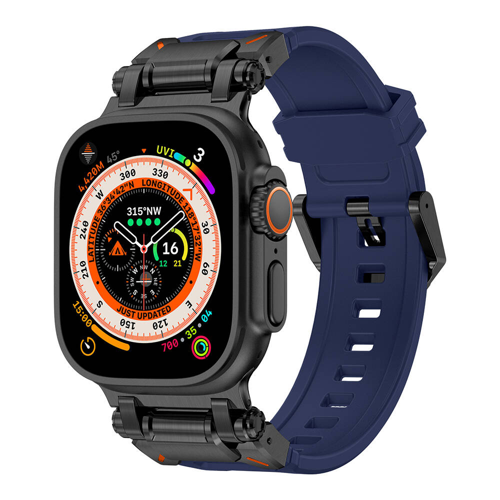 Watch Ultra 49mm Zore KRD-101 Titanyum Metal Başlıklı Silikon Kordon-Siyah-mavi