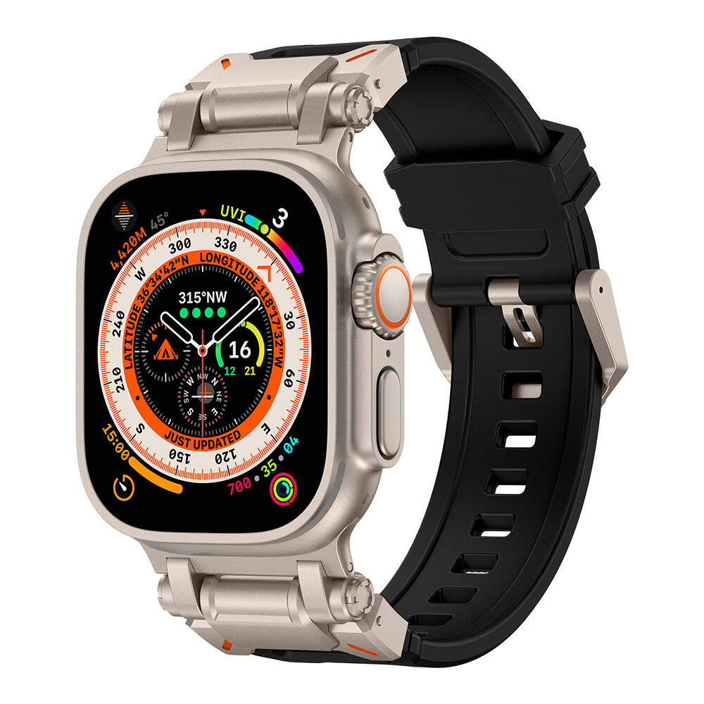 Watch Ultra 49mm Zore KRD-101 Titanyum Metal Başlıklı Silikon Kordon-Siyah-titanyum