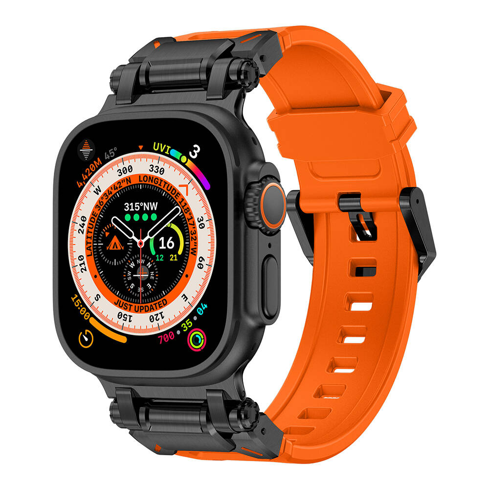 Watch Ultra 49mm Zore KRD-101 Titanyum Metal Başlıklı Silikon Kordon-Siyah-turuncu