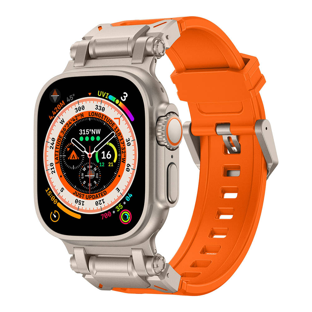 Watch Ultra 49mm Zore KRD-101 Titanyum Metal Başlıklı Silikon Kordon-Turuncu-titanyum