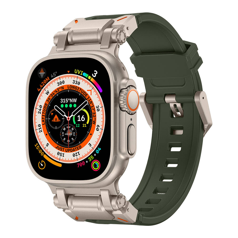 Watch Ultra 49mm Zore KRD-101 Titanyum Metal Başlıklı Silikon Kordon-Yeşil-titanyum