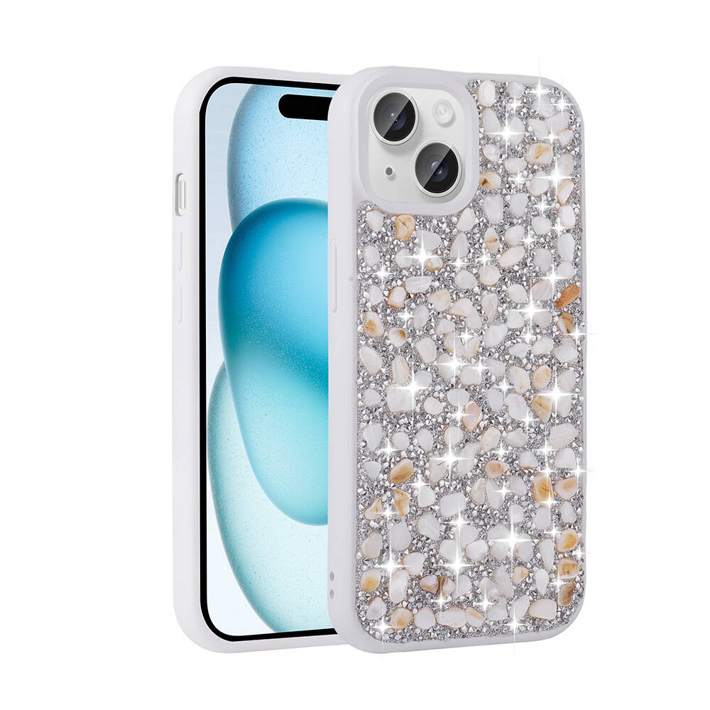 iPhone Uyumlu 15 Kılıf Parlak Taşlı Tasarım Zore Linea Kapak-Beyaz