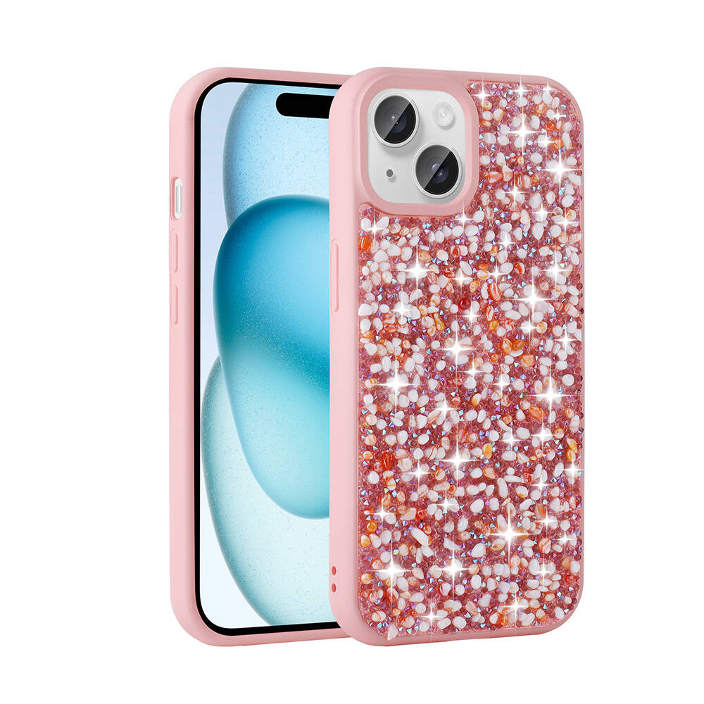 iPhone Uyumlu 15 Kılıf Parlak Taşlı Tasarım Zore Linea Kapak-Pembe