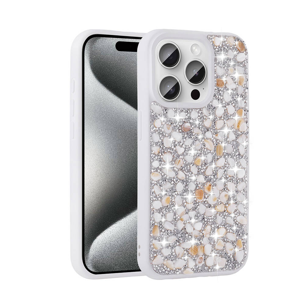 iPhone Uyumlu 15 Pro Max Kılıf Parlak Taşlı Tasarım Zore Linea Kapak-Beyaz