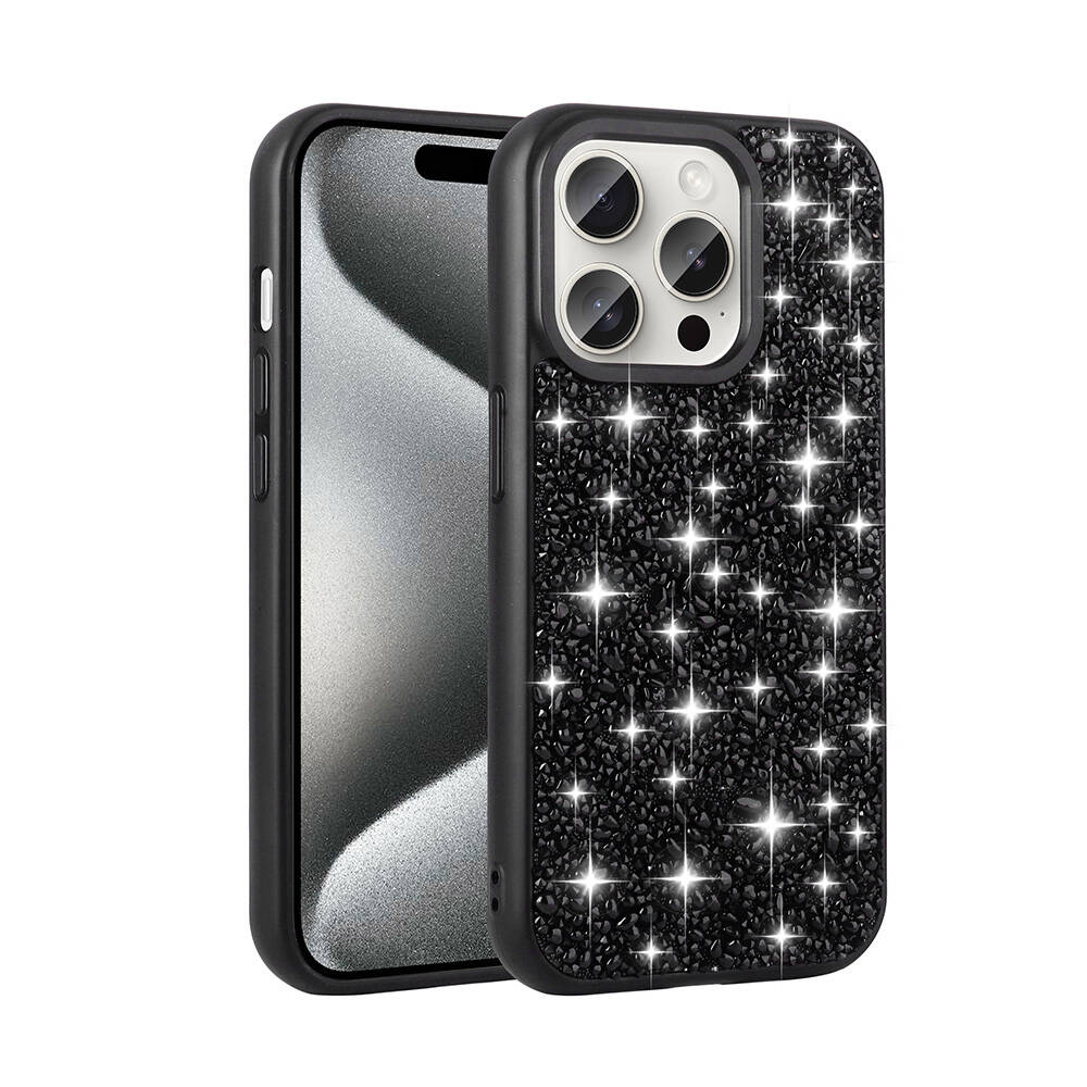 iPhone Uyumlu 15 Pro Max Kılıf Parlak Taşlı Tasarım Zore Linea Kapak-Siyah