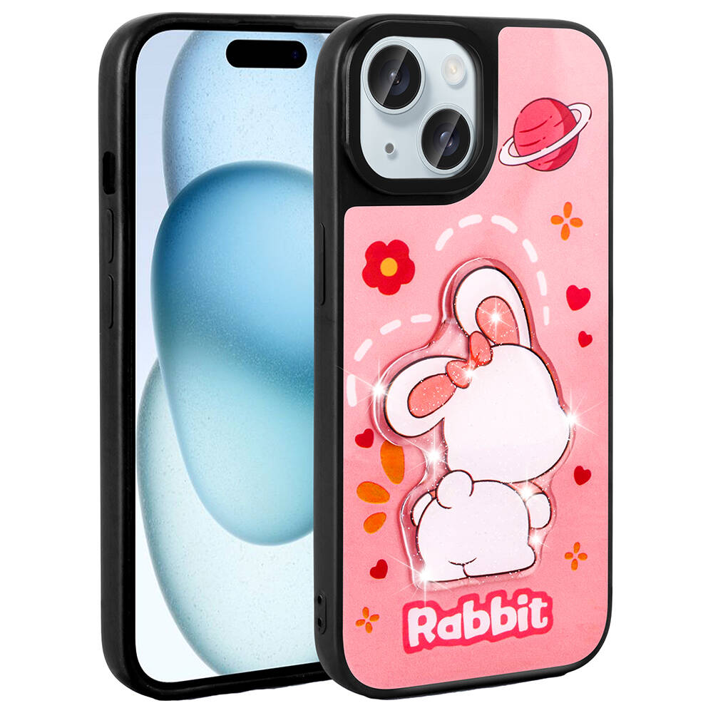 iPhone Uyumlu 14 Kılıf Parlayan Kabartmalı İkonik Figürlü Zore Amas Silikon Kapak-Pembe