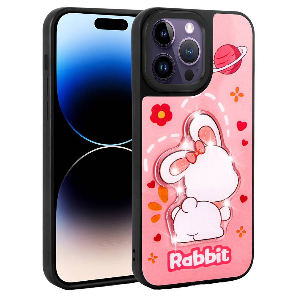 iPhone Uyumlu 14 Pro Kılıf Parlayan Kabartmalı İkonik Figürlü Zore Amas Silikon Kapak-Pembe
