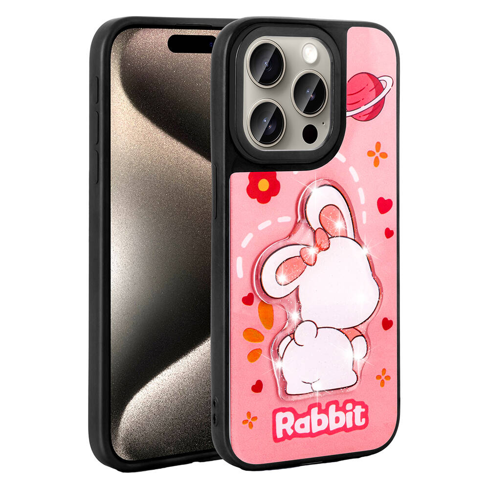 iPhone Uyumlu 15 Pro Kılıf Parlayan Kabartmalı İkonik Figürlü Zore Amas Silikon Kapak-Pembe