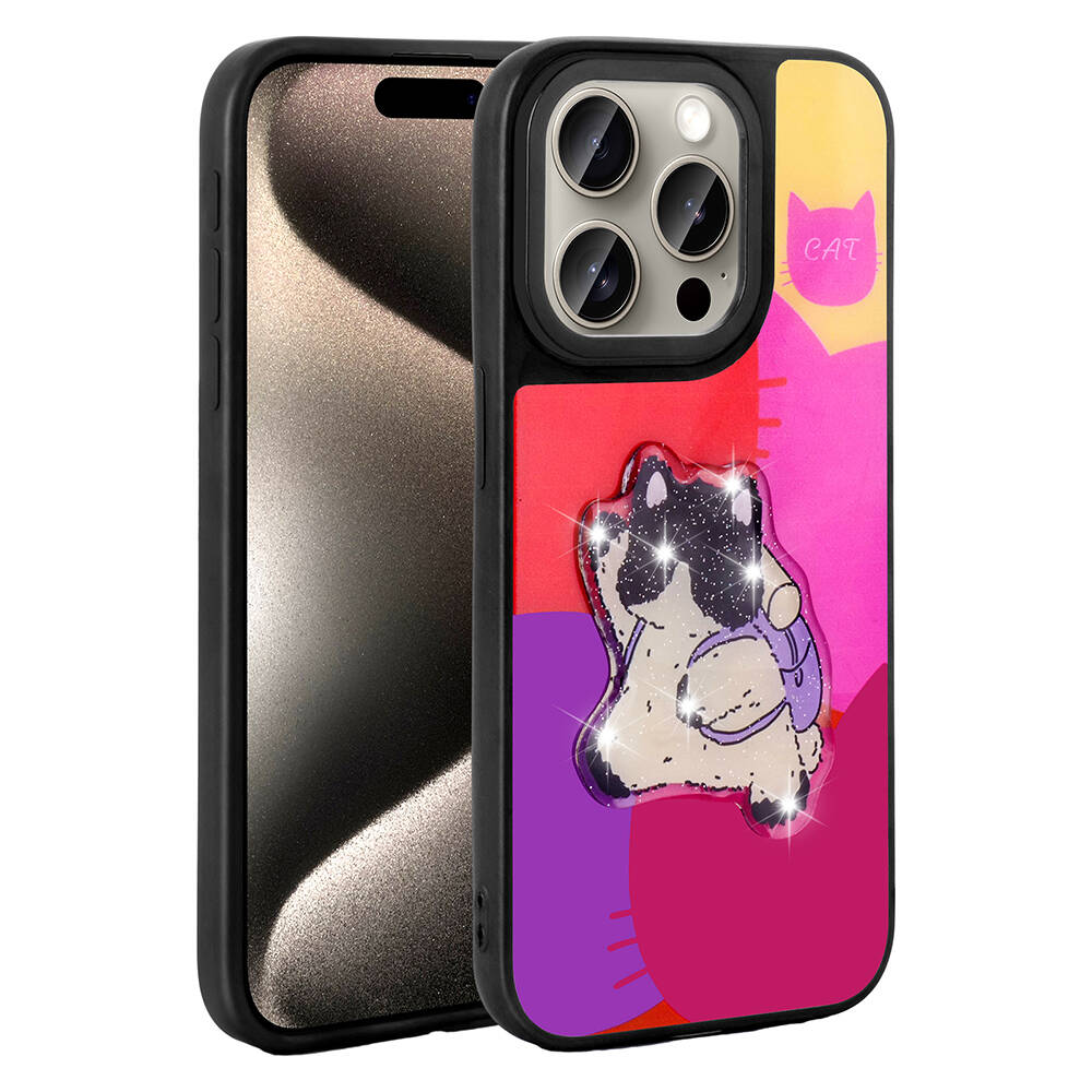 iPhone Uyumlu 15 Pro Max Kılıf Parlayan Kabartmalı İkonik Figürlü Zore Amas Silikon Kapak-Mor
