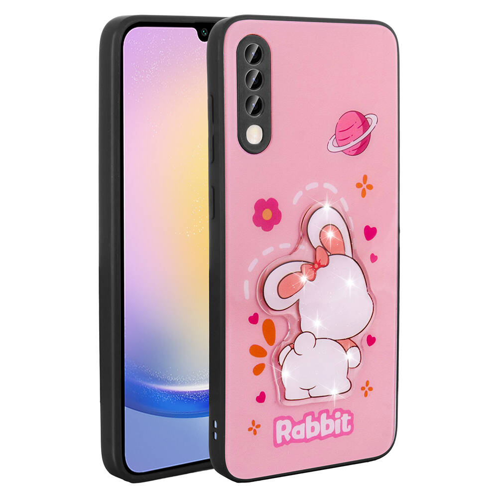 Galaxy Uyumlu A70 Kılıf Parlayan Kabartmalı İkonik Figürlü Zore Amas Silikon Kapak-Pembe