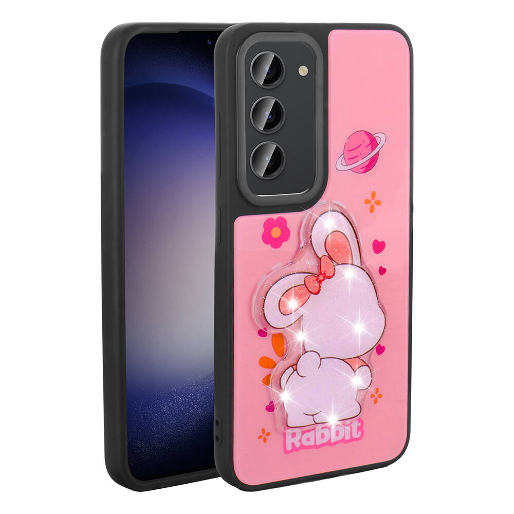 Galaxy Uyumlu S23 Kılıf Parlayan Kabartmalı İkonik Figürlü Zore Amas Silikon Kapak-Pembe