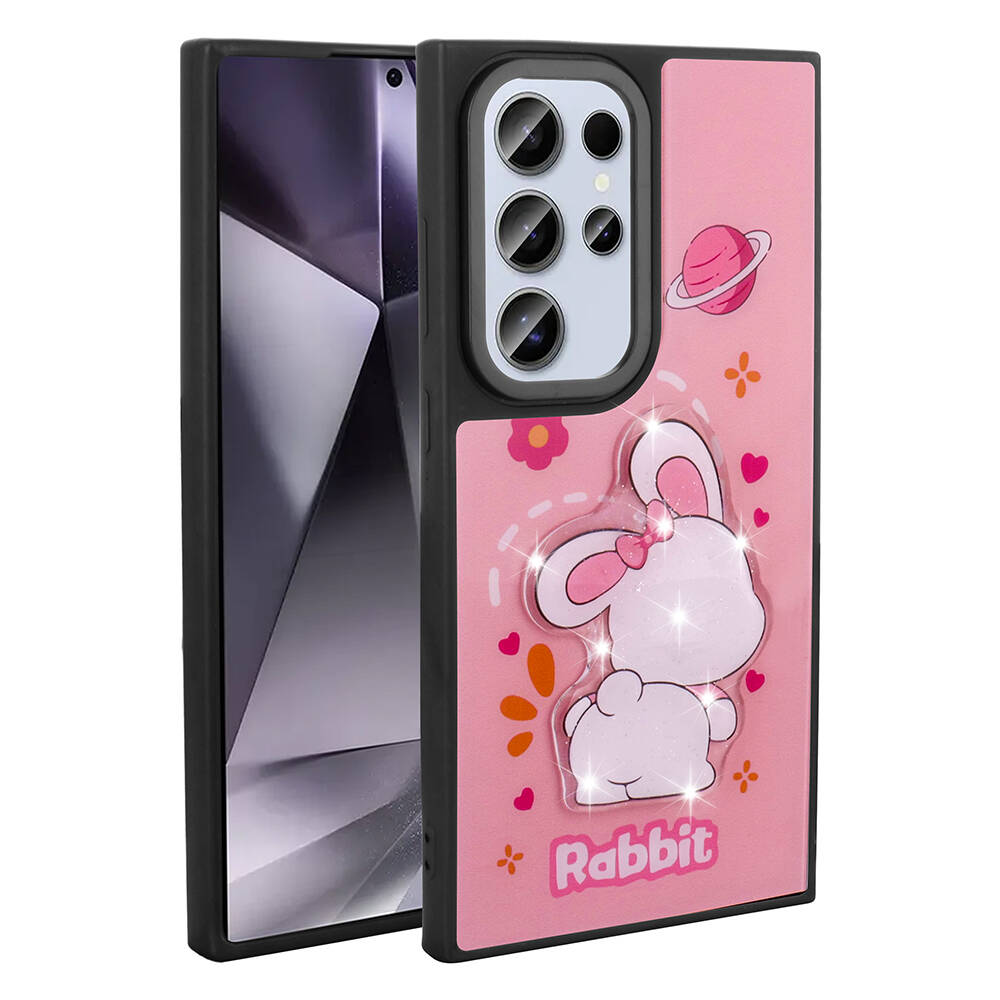 Galaxy Uyumlu S24 Ultra Kılıf Parlayan Kabartmalı İkonik Figürlü Zore Amas Silikon Kapak-Pembe