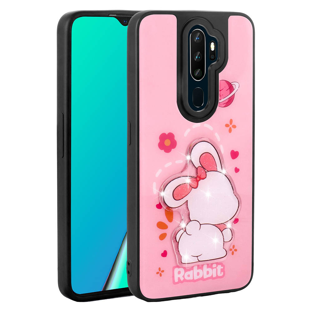 Oppo A5 2020 Kılıf Parlayan Kabartmalı İkonik Figürlü Zore Amas Silikon Kapak-Pembe