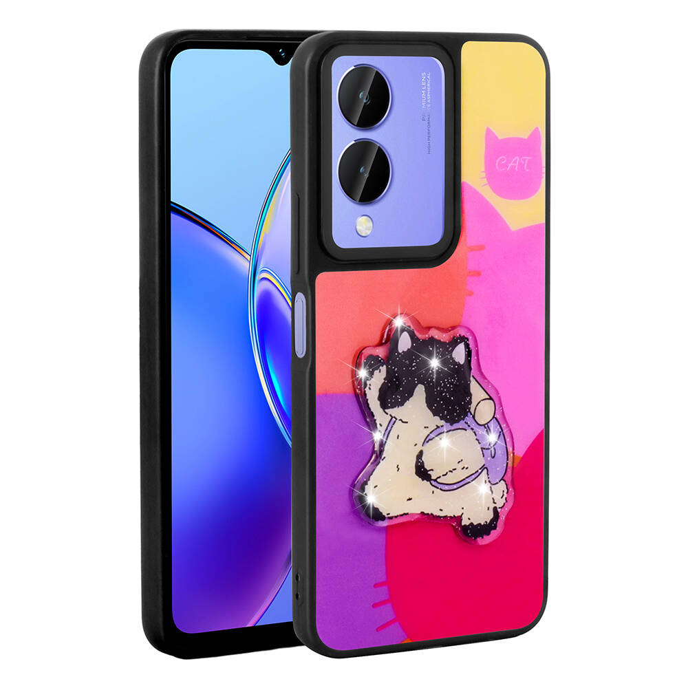 Vivo Y17S Kılıf Parlayan Kabartmalı İkonik Figürlü Zore Amas Silikon Kapak-Mor