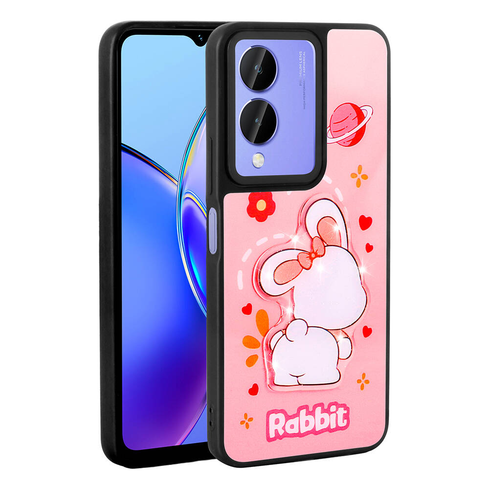 Vivo Y17S Kılıf Parlayan Kabartmalı İkonik Figürlü Zore Amas Silikon Kapak-Pembe