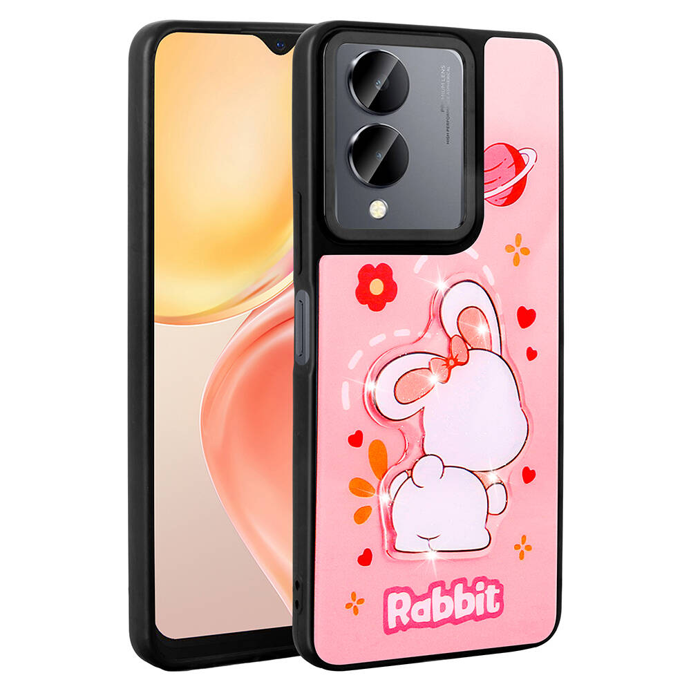 Vivo Y36 5G Kılıf Parlayan Kabartmalı İkonik Figürlü Zore Amas Silikon Kapak-Pembe