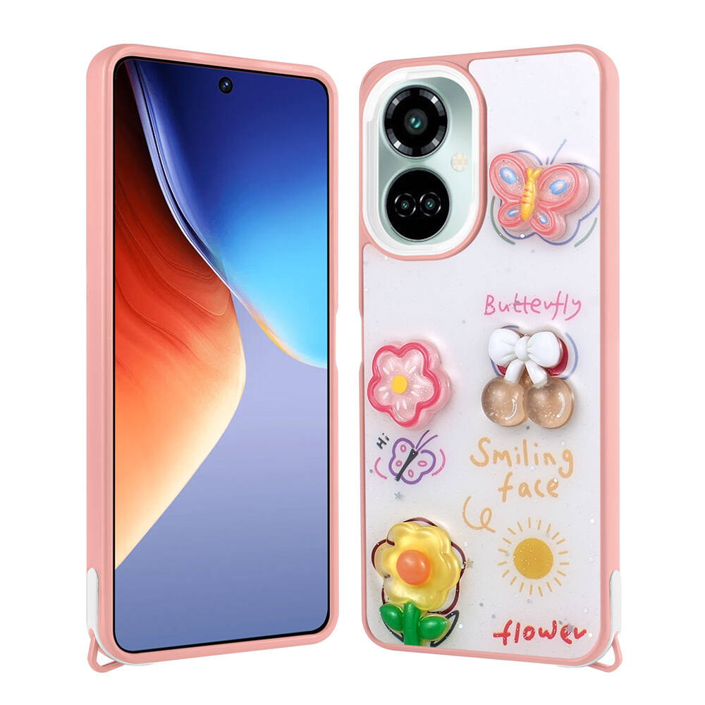 Tecno Camon 19 Kılıf Parlayan Simli Kabartma Figürlü Zore Cevze Kapak-Pembe