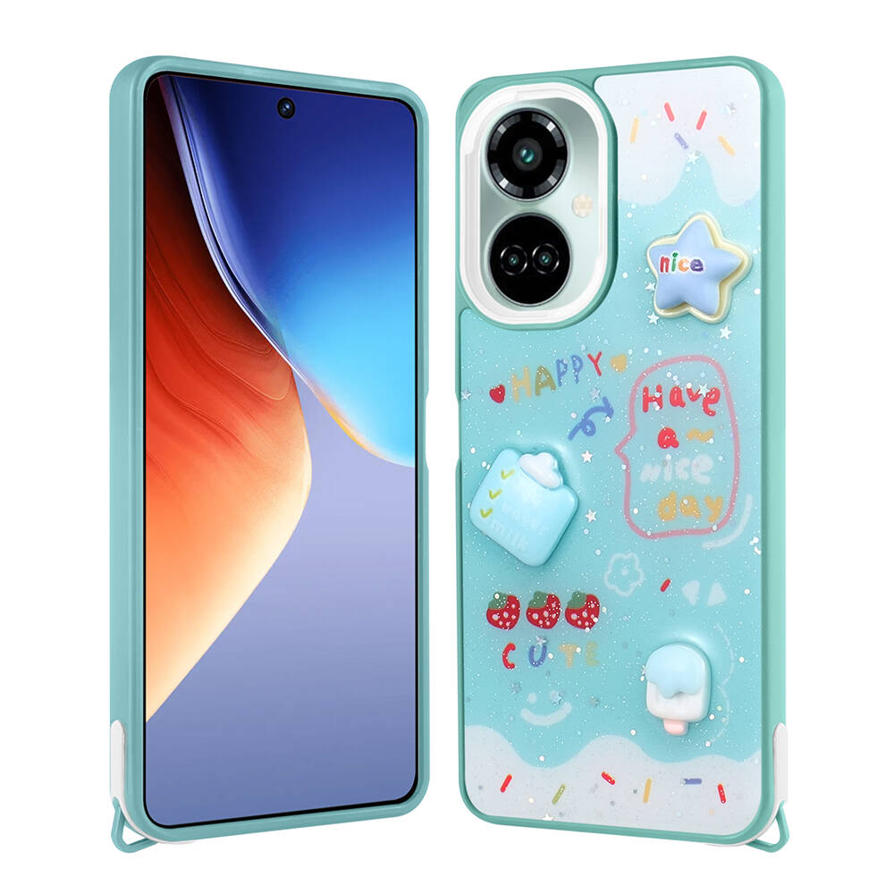 Tecno Camon 19 Kılıf Parlayan Simli Kabartma Figürlü Zore Cevze Kapak-Yeşil