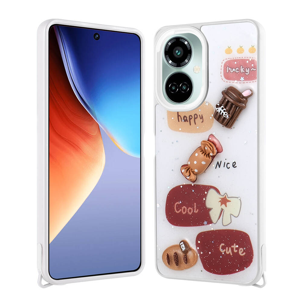 Tecno Camon 19 Pro Kılıf Parlayan Simli Kabartma Figürlü Zore Cevze Kapak-Beyaz
