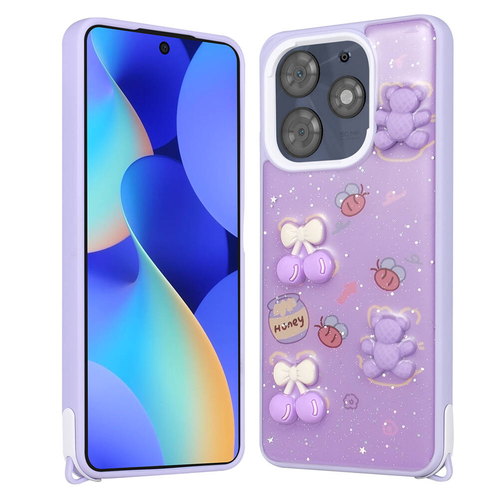 Tecno Spark 10 Pro Kılıf Parlayan Simli Kabartma Figürlü Zore Cevze Kapak-Mor ayı