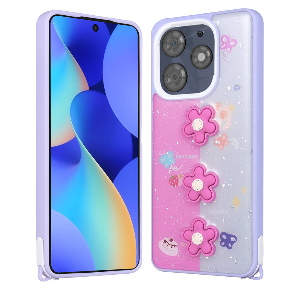 Tecno Spark 10 Pro Kılıf Parlayan Simli Kabartma Figürlü Zore Cevze Kapak-Mor papatya