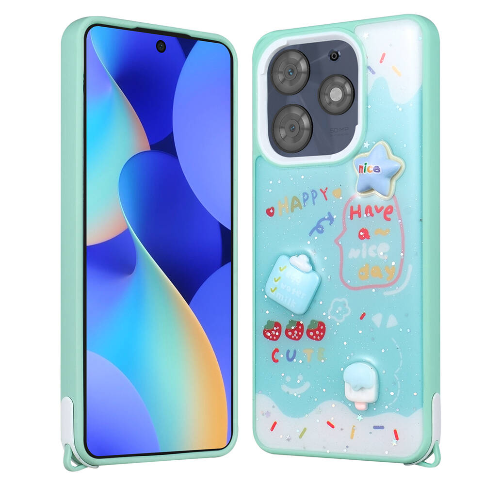 Tecno Spark 10 Pro Kılıf Parlayan Simli Kabartma Figürlü Zore Cevze Kapak-Yeşil