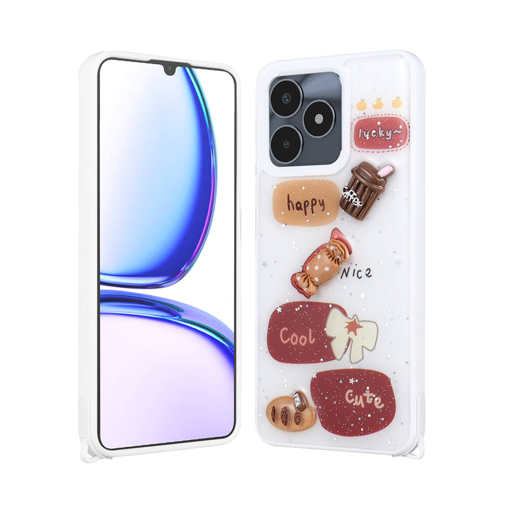 Realme C53 Kılıf Parlayan Simli Kabartma Figürlü Zore Cevze Kapak-Beyaz
