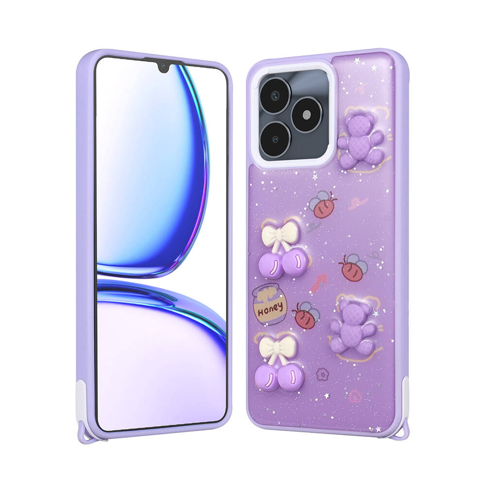 Realme C53 Kılıf Parlayan Simli Kabartma Figürlü Zore Cevze Kapak-Mor ayı