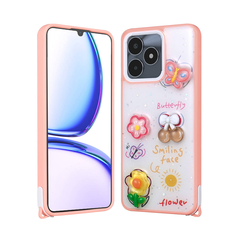 Realme C53 Kılıf Parlayan Simli Kabartma Figürlü Zore Cevze Kapak-Pembe