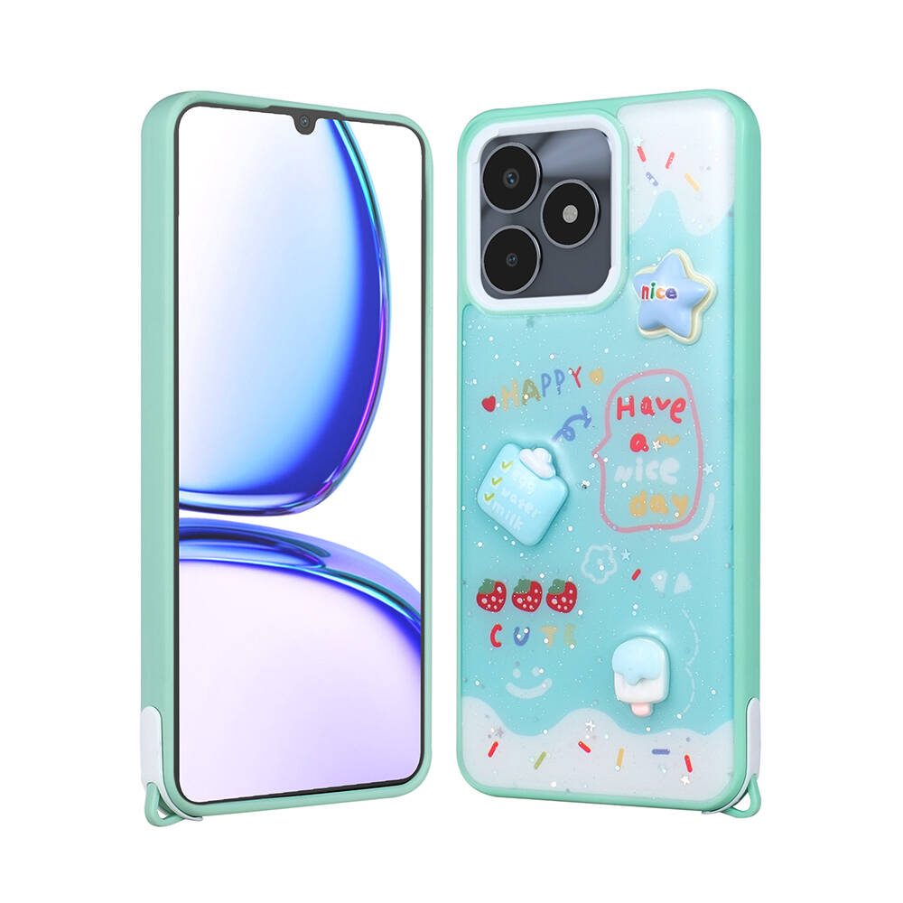 Realme C53 Kılıf Parlayan Simli Kabartma Figürlü Zore Cevze Kapak-Yeşil