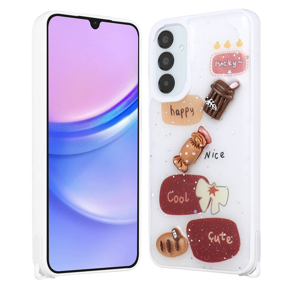 Galaxy Uyumlu A34 Kılıf Parlayan Simli Kabartma Figürlü Zore Cevze Kapak-Beyaz