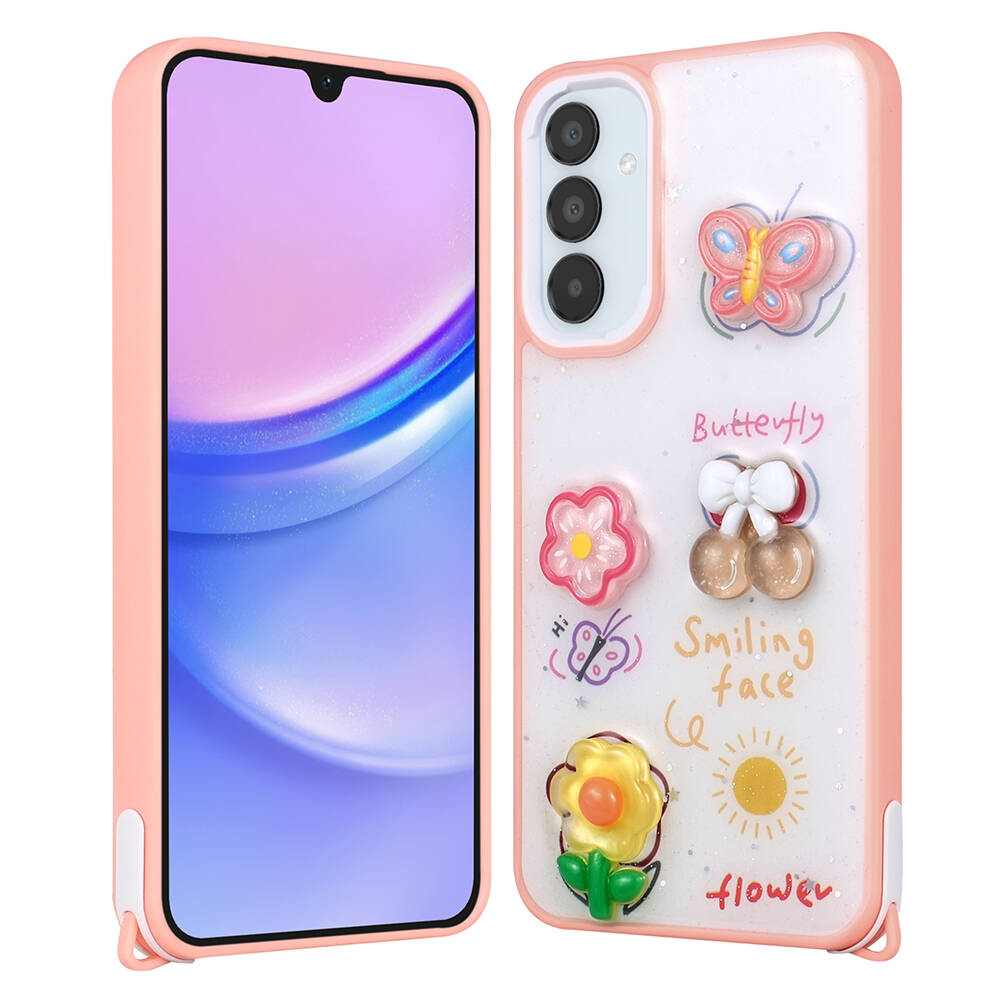 Galaxy Uyumlu S23 FE Kılıf Parlayan Simli Kabartma Figürlü Zore Cevze Kapak-Pembe