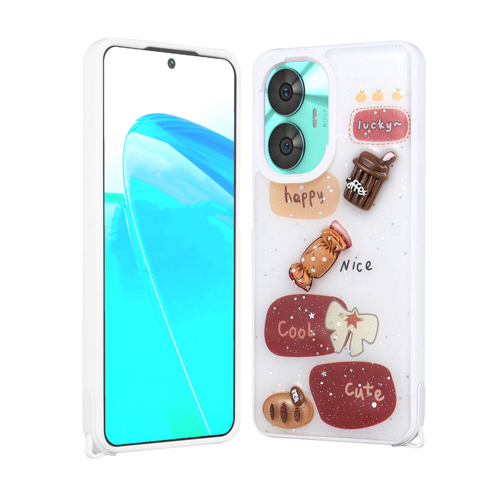 Realme C55 Kılıf Parlayan Simli Kabartma Figürlü Zore Cevze Kapak-Beyaz
