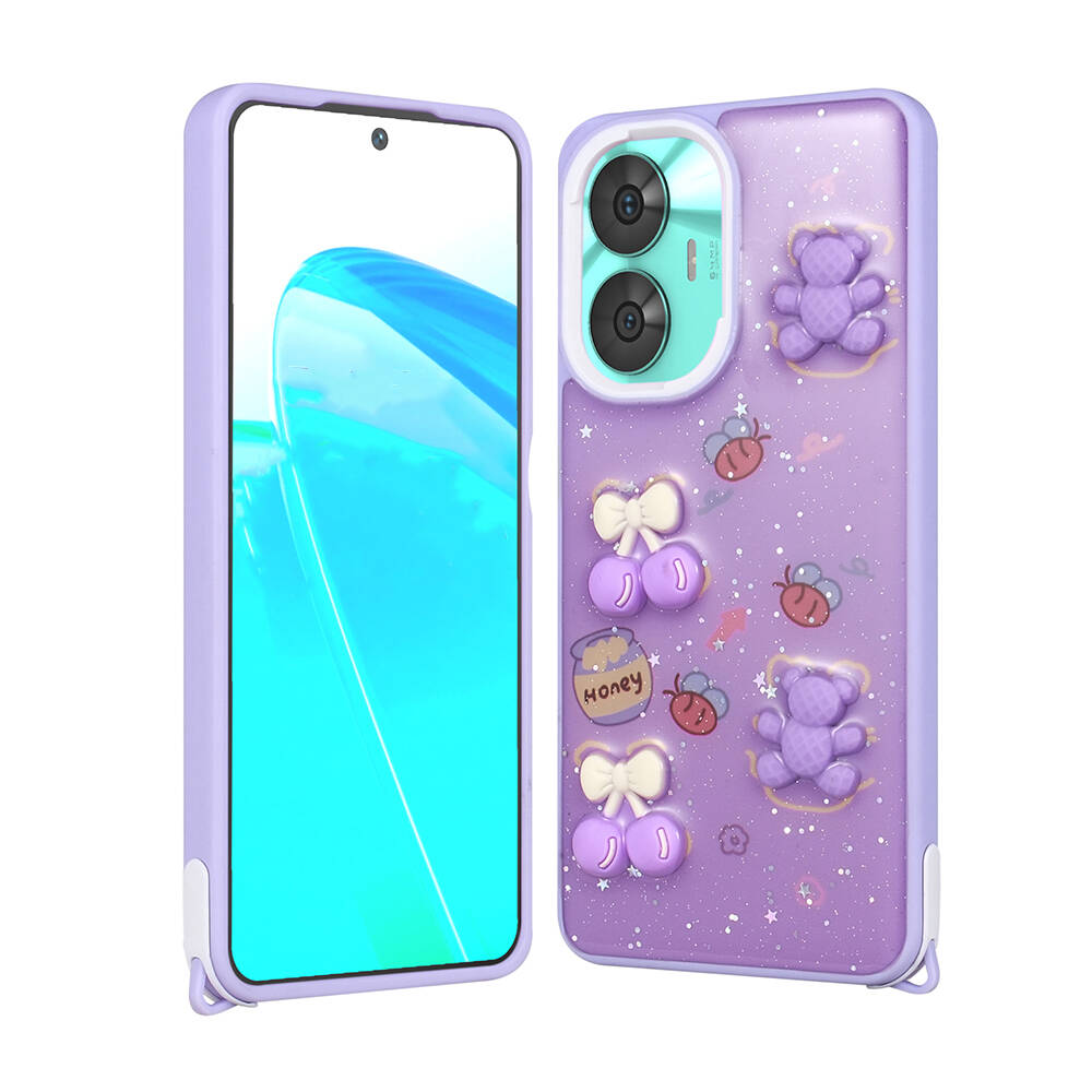 Realme C55 Kılıf Parlayan Simli Kabartma Figürlü Zore Cevze Kapak-Mor ayı