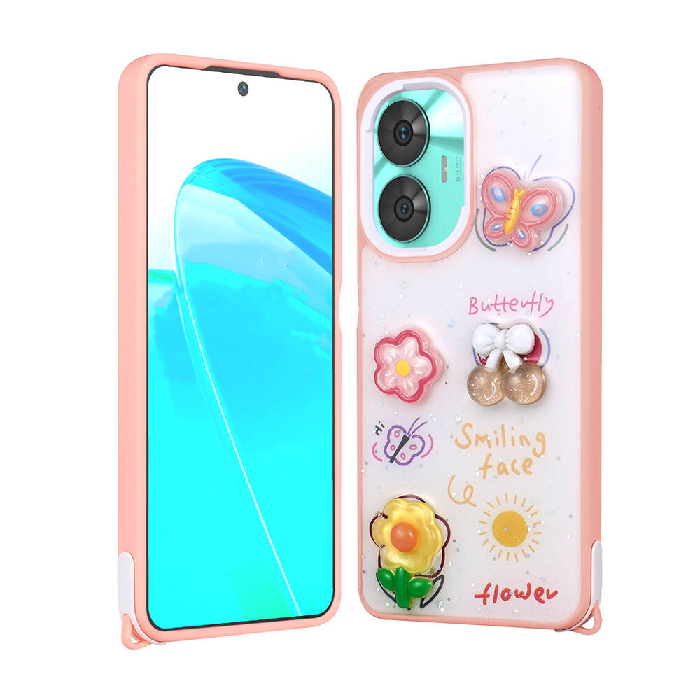 Realme C55 Kılıf Parlayan Simli Kabartma Figürlü Zore Cevze Kapak-Pembe