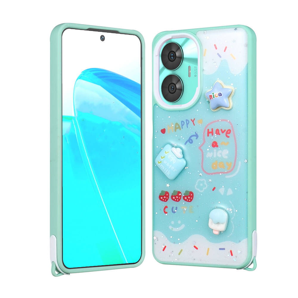 Realme C55 Kılıf Parlayan Simli Kabartma Figürlü Zore Cevze Kapak-Yeşil