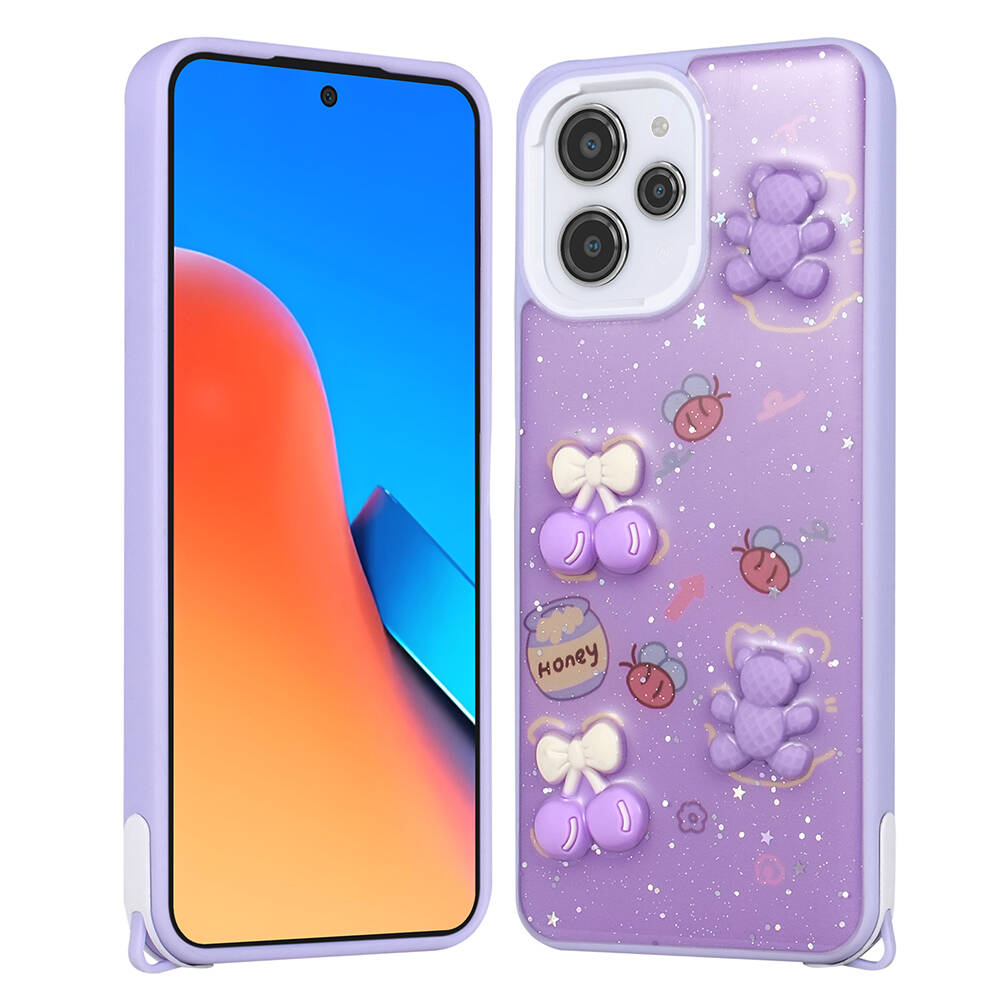 Xiaomi Uyumlu  Redmi 12 4G Kılıf Parlayan Simli Kabartma Figürlü Zore Cevze Kapak-Mor ayı
