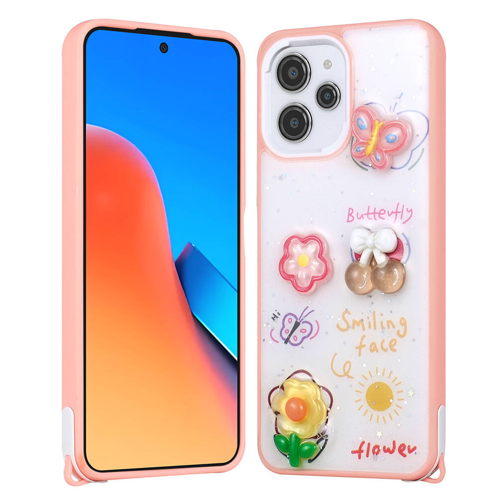 Xiaomi Uyumlu  Redmi 12 4G Kılıf Parlayan Simli Kabartma Figürlü Zore Cevze Kapak-Pembe